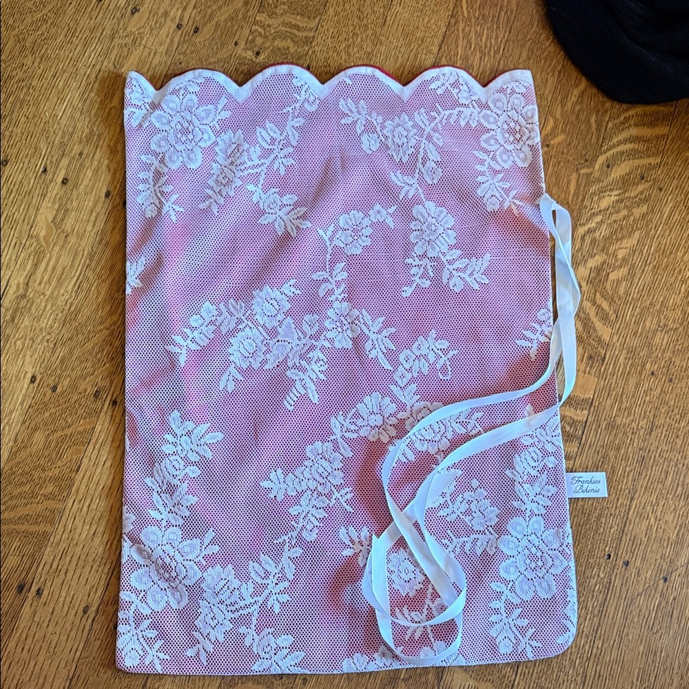 Frankie’s Bikini’s Satin & Lace Drawstring Bag with White Floral Overlay